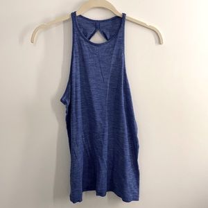 Lululemon high neck, open back blue tank